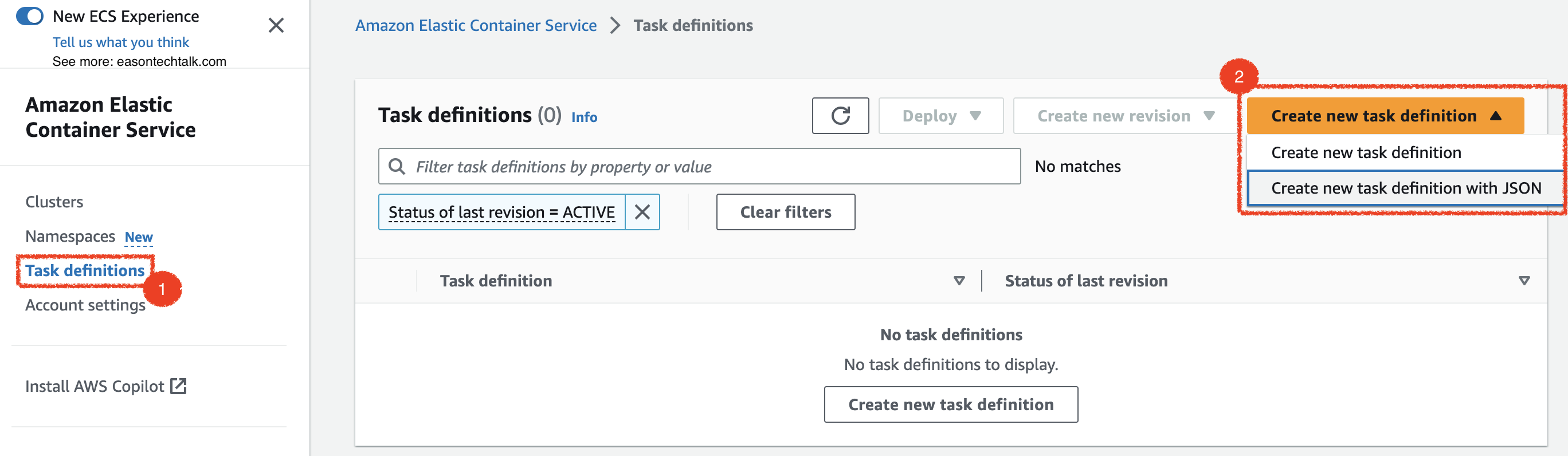 Create new task definition with JSON