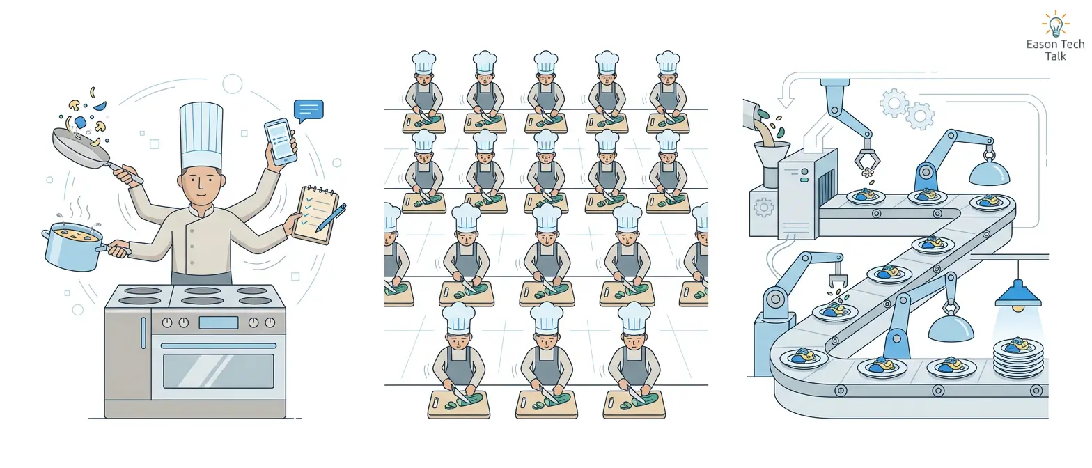 A versatile head chef (CPU), a kitchen crew (GPU), and an automated central kitchen (TPU)