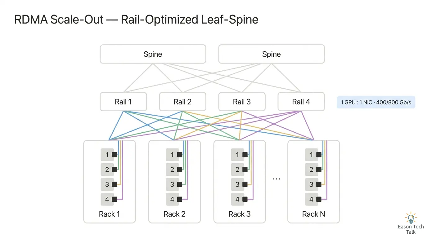 A rail-optimized leaf-spine topology aligns the same local GPU position across compute trays or nodes, reducing cross-rail traffic and unnecessary switch hops.