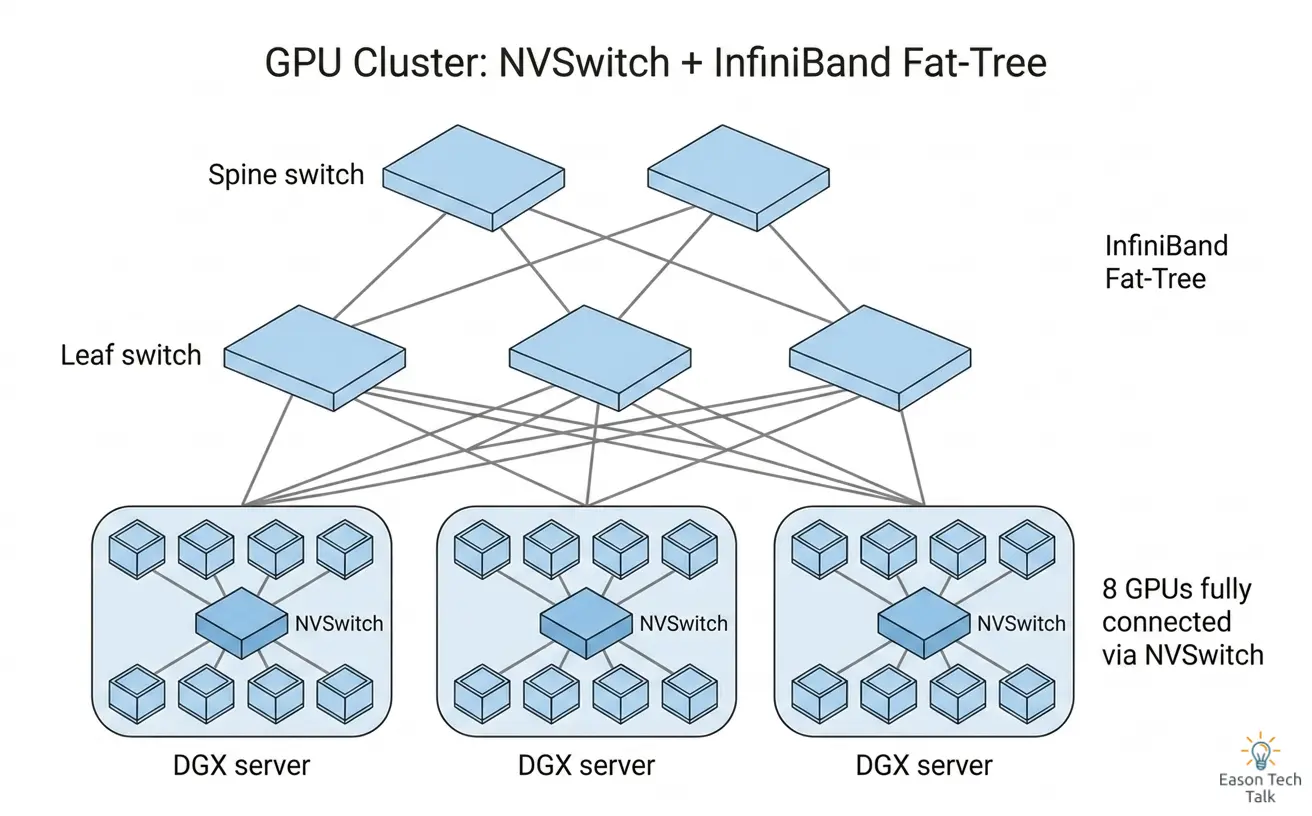 GPU 叢集網路簡化示意:每台 DGX 伺服器內部用 NVSwitch 把 8 顆 GPU 全連接;跨伺服器則由 Leaf 與 Spine 層的 InfiniBand 交換機組成胖樹(Fat-Tree)拓撲,實際的 SuperPOD 使用三層胖樹。
